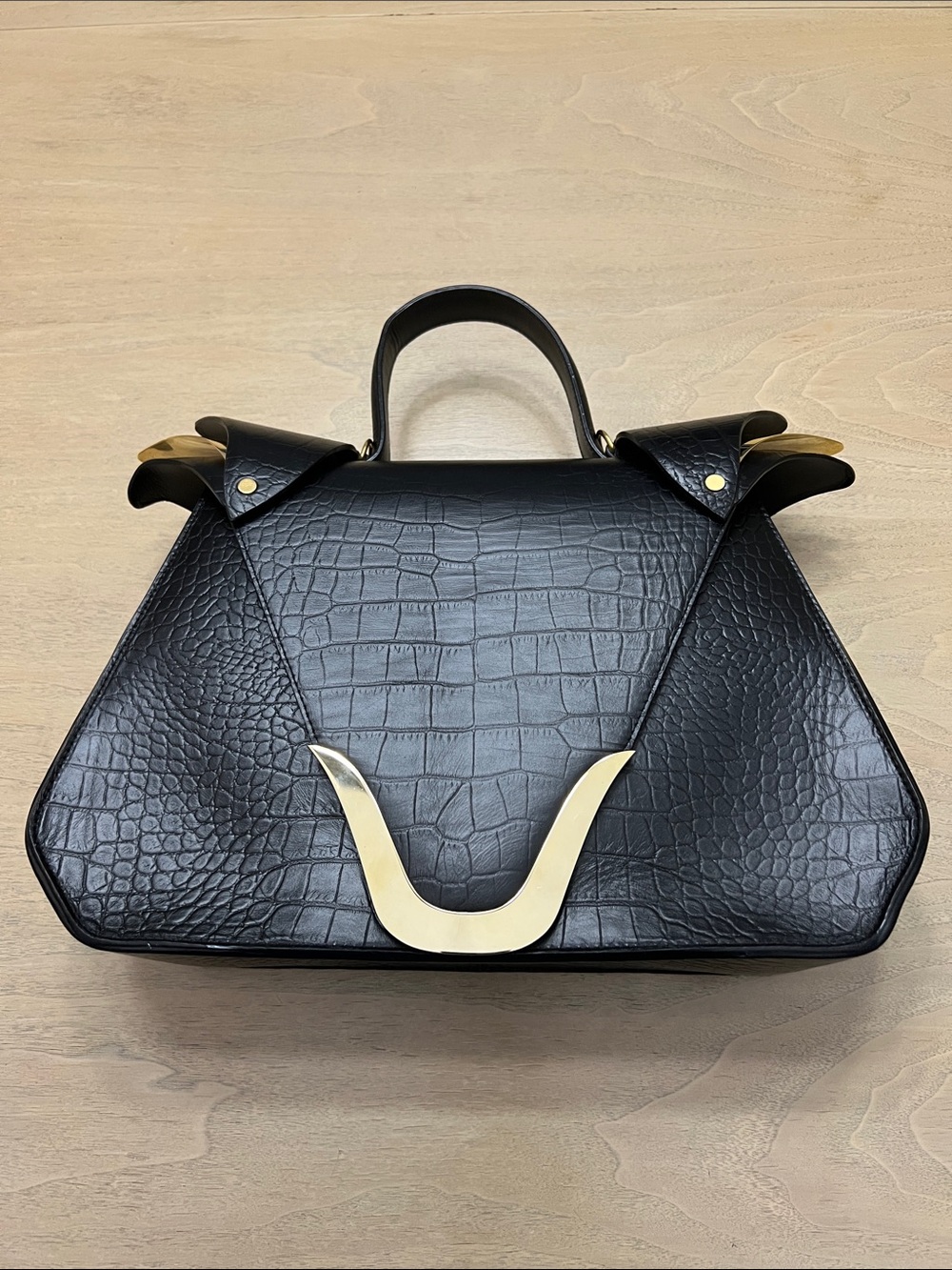 Structured Black Croc-Embossed Satchel with Gold Accent